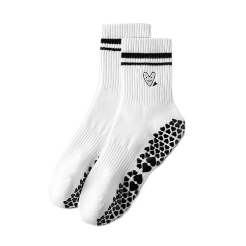 Heart Embroidered Premium Grip Socks, Women's US 6-10, Yoga Pilates Barre, White