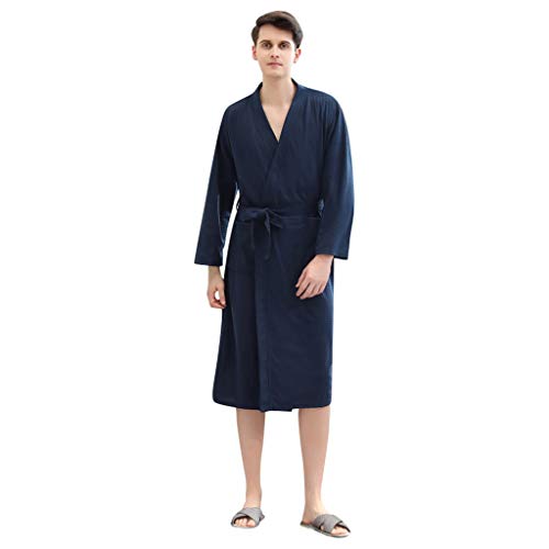 BOLUOBAO Robe De Chambre Homme Mélange Coton Doux Mi Longue Peignoir Couple Nid d'abeille Microfibre avec Poche Comfy Douche Vêtements De Nuit (XXXL, Marine) Cover