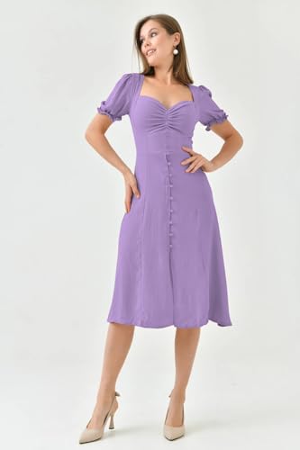 Image of Shasmi Girl's & Women's Solid Midi Dress - Elegant Square Neck Button-Down Dress with Puff Short Sleeves | Stylish Casual & Party & Office Wear Outfit (Dress 105)