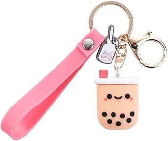 Pink Silicone Pearl Milk Tea Keychain, Cute Bobo Keyring Simulation Drinks Headphone Case Keyring Car Key Chain Bag Pendant for Women Girls