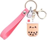 Seadiquiet Pink Silicone Pearl Milk Tea Keychain, Cute Bobo Keyring Simulation Drinks Headphone Case Keyring Car Key Chain Bag Pendant for Women Girls