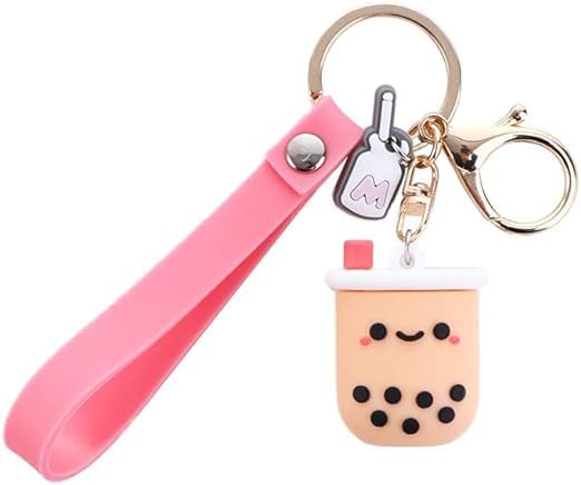 Seadiquiet Pink Silicone Pearl Milk Tea Keychain, Cute Bobo Keyring Simulation Drinks Headphone Case Keyring Car Key Chain Bag Pendant for Women Girls