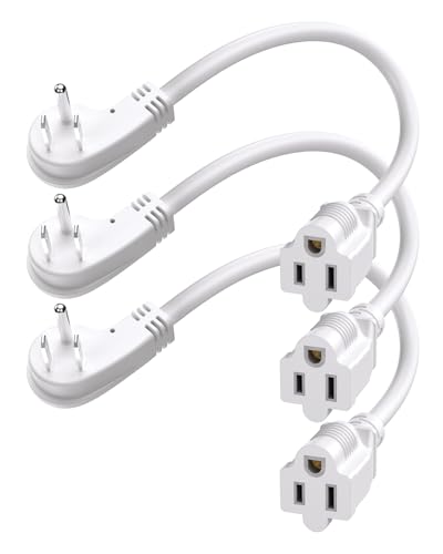 1Ft Flat Plug Short Extension Cord, 90 Degree Plug Adapter, White Low Profile 3 Prong Small Grounded Cords 14 AWG 15A 1875W 3 Pack
