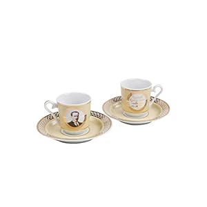 LaModaHome Atatürk Gold Coffee Cup Set Espresso Coffee Cups with Saucers, Porcelain Turkish Arabic Greek Coffee Cups and Saucers for Women, Men, Adults, New Home Wedding Gifts