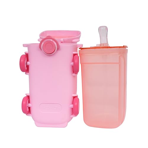 Image of Bus Water Bottle For Kids With Strap, Sipper, & Straw | Leakproof, Bpa Free With Lock, 500 Ml | Water Bottle For School Kids | Cute Bus Shaped Water Bottle For Girls & Boys (Pink)