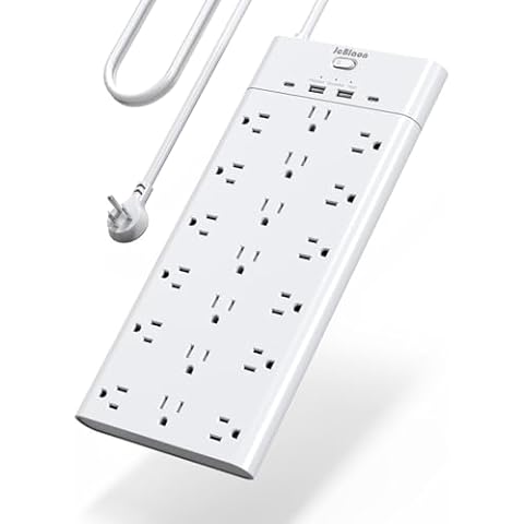 Power Strip Surge Protector, JcBlaon 19 Widely Spaced Outlets with 4 USB Ports, 5FT Flat Plug Heavy Duty Extension Cord with Multiple Outlets, 1875W/15A, 2100J, Wall Mount Holes for Home, Office, Dorm Cover