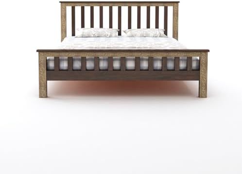 Wooden King Size Bed Without Storage | Traditional Double Bed Cot Bed with Brass Work for Bedroom & Hotel | Palang/Platform Bed | Sheesham Wood | Walnut | Recommended Mattress Size: 78 X 72 X 6