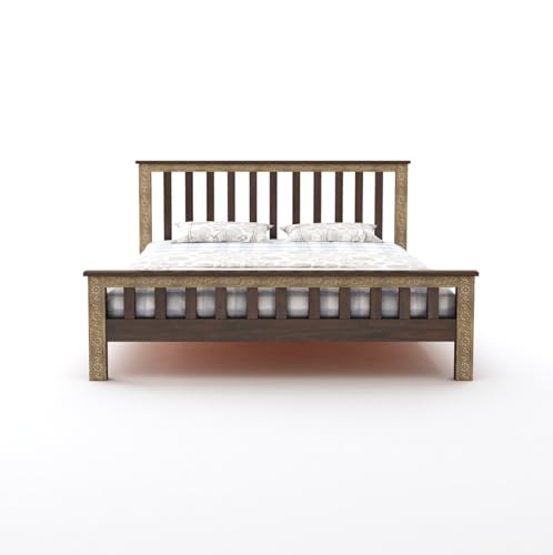 Wooden King Size Bed Without Storage | Traditional Double Bed Cot Bed with Brass Work for Bedroom & Hotel | Palang/Platform Bed | Sheesham Wood | Walnut | Recommended Mattress Size: 78 X 72 X 6