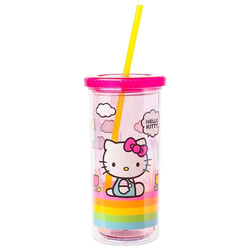 Image of Silver Buffalo Sanrio Hello Kitty Spring and Summer Flowers Rainbow Stripes Plastic Cold Cup with Lid and Straw, 20 Ounces | Flowers Rainbow Stripes, Includes Lid and Straw, 0.59 Liters