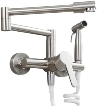 Brass Pot Filler Faucet - Wall Mount Swing Arm Tap for Kitchen Sink, Double Joint, Hot & Cold Water, 2 Functions, Brushed Finish, Elegant Design for Modern Kitchens