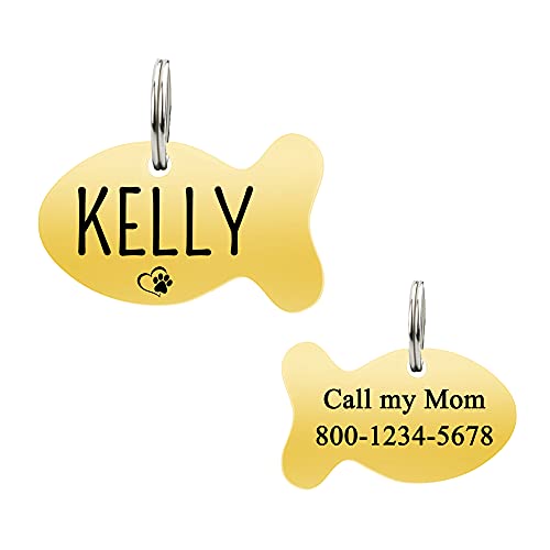Ultra Joys Cat ID Tag, Cat Tags Personalized, Cat Collar with Name Tag, Dog Tag, Pet ID Tag, Mirror Polished Stainless Steel Cat Tag, 3 Shapes, Both Side Engravable, Fish Tag in Gold