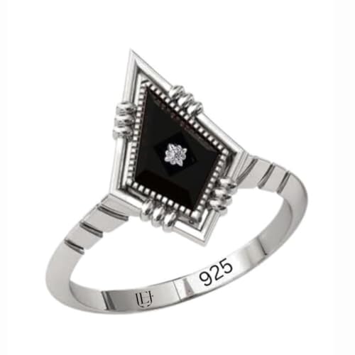 BLACK ONYX 925 STERLING SILVER RING FOR WOMENS LADIES DIAMOND IN MIDDLE ENGAGEMNET ONYX AND DIAMOND GEMSTONE HANDMADE PROMISE ART-DECO