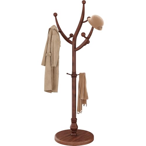 HOMEFORT Perchero de madera independiente con 11 ganchos, percha de madera de goma con base redonda resistente, perchero vintage para entrada, pasillo, dormitorio, nogal