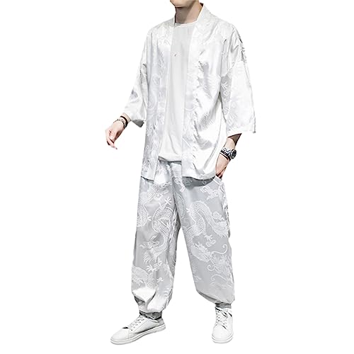 HSQIBAOER Conjunto de quimono masculino estilo japonês, roupa de verão com bordado de dragão de seda