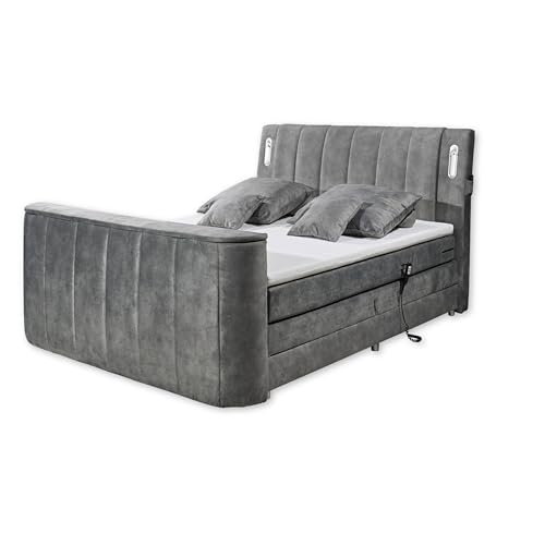 DALLAS 6 Boxspringbett 180x200 elektrisch verstellbar, Grau - Bequemes Doppelbett mit motorisierter TV-Halterung & LED-Beleuchtung - 186 x 126 x 244 cm (B/H/T)