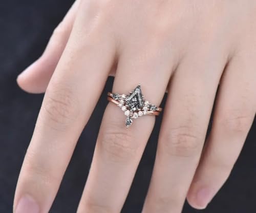 Vintage kite cut black rutilated quartz engagement ring set marquise cut ring 14k rose gold unique diamond promise anniversary ring set womens ring4