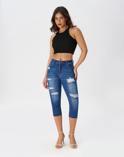 roswear Women's Capri Jeans Ripped Stretch Denim Capris Mid Rise Skinny Cropped Pants4