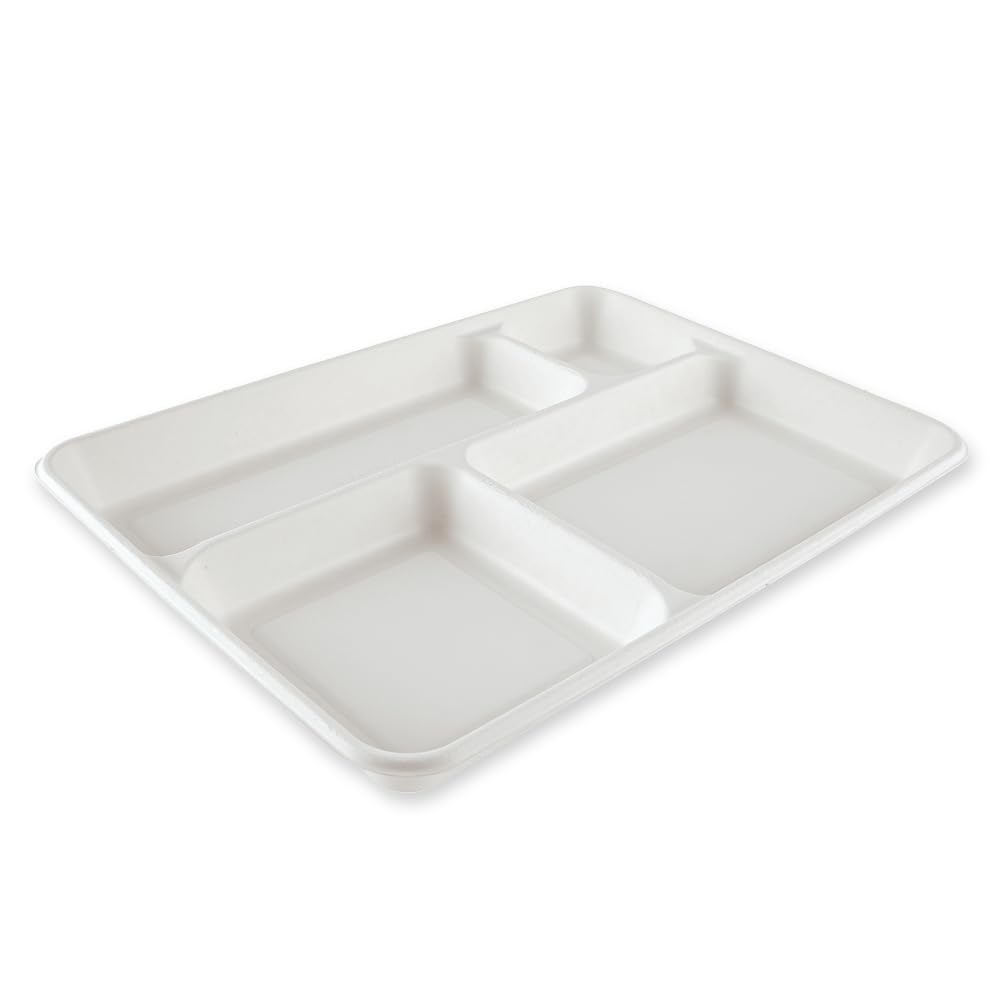 FRANZ MENSCH 160 Stück NATUREStar Menütabletts, 4-geteilt, rechteckig | Zuckerrohr, weiß, L: 37 cm, B: 27 cm, H: 3, 6 cm, Karton, Teller Tablett, Zuckerrohrteller, Sektionen Teller