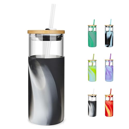 Tronco 20 oz Glass Tumbler with Lid and Straw, Iced Coffee Cup and Smoothie Cup with Bamboo Lids & Protective Silicone Sleeve, Dishwasher Safe, BPA-Free, Glass Cup 1 Pack Black render 20 Oun