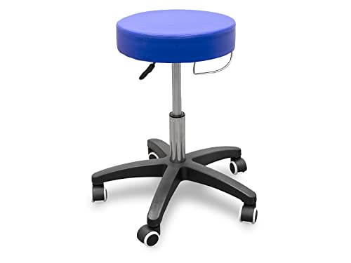 QUIRUMED Taburete con Base rodable y Soporte de Toalla, Color Azul, Polipiel, Relleno de Alta Densidad, Ligero, con Ruedas, Altura Regulable, hasta 150 kg