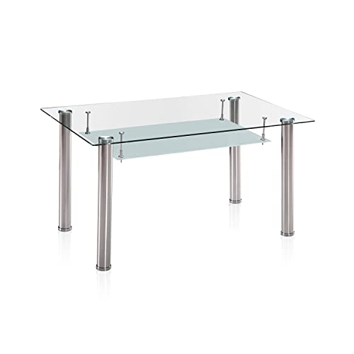 duehome | Mesa de Comedor Fija, Mesa Salon o Cocina, Modelo Tyra, Acabado en Cromo y Cristal Templado, Medidas: 140 cm (Largo) x 80 cm (Ancho) x 75 cm (Alto)
