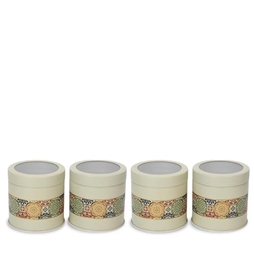 Image of Mandala Collection Airtight Kitchen Container Set| 450ML- Set of 4| Food Grade Metal Jars for Spices, Seeds, Green Tea & Dry Storage| Vacuum Lid, Rust Resistant| Beige Rangoli Canisters