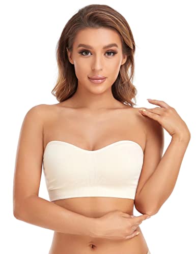 Lusait Strapless Bra For Women Non-Slip Silicone Padded Bandeau Bra Wireless Tube Top Bra Beige M #TOP4