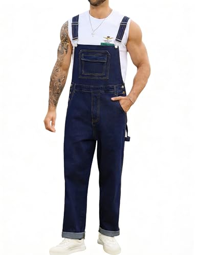 Odefou Overalls for Men Fashion Jumpsuit Work Bibs Coveralls Overol Para Hombre White Elephant Gifts(Dark Blue,XL)