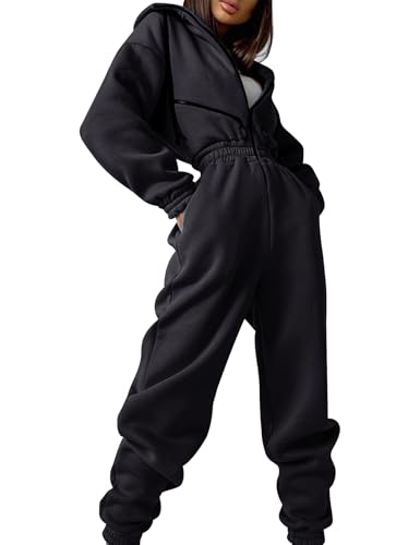 COZYPOIN Women Fleece Jumpsuits One Piece Outfits Hooded Sweatshirt Set High Waist Ladies Jumpsuit