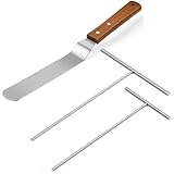 Crepe Spreader and Spatula Kit, Wood Handle Curved Offset Spacula 12",Stainless Steel 7" & 5" T-Shaped Batter Spreaders, Pancake Tool, Crepes Turner Sticks Fit Any Crepe Pan Maker, Pack of 3
