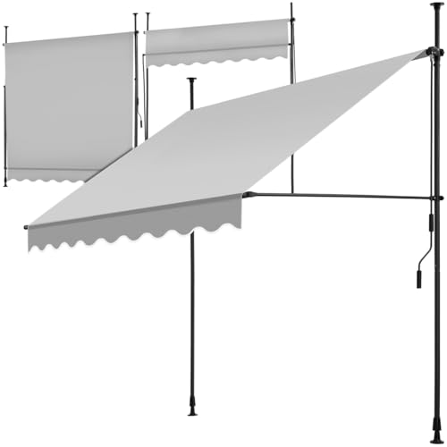 tectake Garden Patio Retractable Awning, Manual with Hand crank, Sun shade Canopy with UV and Rain Resistance, Clamp System with No Drilling Required - light grey