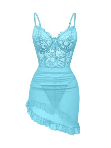 Image of Foxiny Sexy Corset Bodycon Ruffle Sheer Underwire Mesh Lace Floral Outfits Babydoll Lingerie Set Dress with Thong 2 Piece
