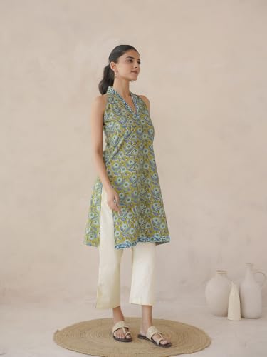 Image of GOODHAND Chic Cotton Halter Kurti with Timeless Block printsPerfect for Casual outings or Festive Flair-Where Traditional Charm Meets Modern Silhouette