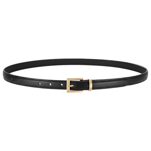 VONMELLI Leather Thin Belt for Women, Black Women's Skinny Belt Ladies Belt for Jeans Dress with Gold Buckle S