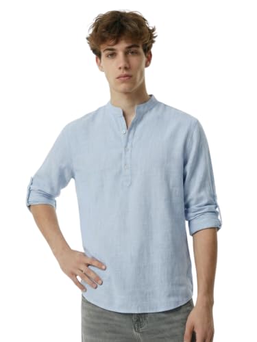 Image of Leriya Fashion Men's Lightweight Linen Shirt | Mandarin Collar 3 /4 Roll-Up Sleeve Henley Neck | Regular Fit Casual Travel Resort Shirt for Man | Linen Textured Shirts for Daily Use for Festivals