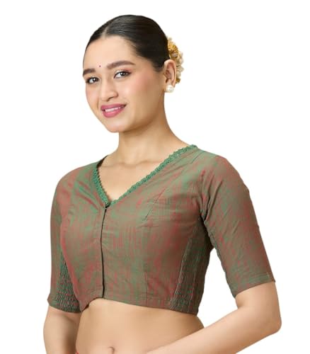 Image of Studio Shringaar Women's Handloom Cotton Side Stretchable (Smocked) Readymade Saree Blouse with Crochet Neckline