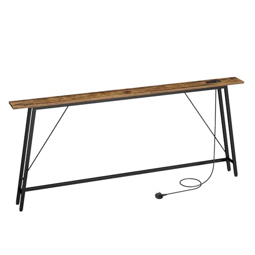 YATINEY 180 cm Console Table with Charging Station, Long Behind Sofa Table, 15 cm Slim Entryway Table with Metal Frame, for Hallway, Entryway, Living Room, Rustic Brown and Black XCT185KBR