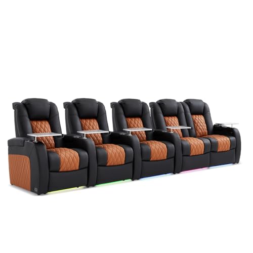 Image of Weilianda Home Theater Seating, Top Grain Leather Movie Theater Chair | Row of 5 Loveseat Right, Zero Gravity, Power Headrest, Tray Table, Electric Reclining Seat for Media Room