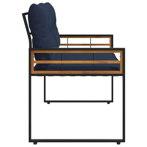 Banco de madera de acacia con cojín azul marino y patas ajustables de 114cm 6