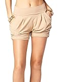 Premium Ultra Soft Harem High Waisted Shorts for Women with Pockets - Solid Beige Khaki - Large -...