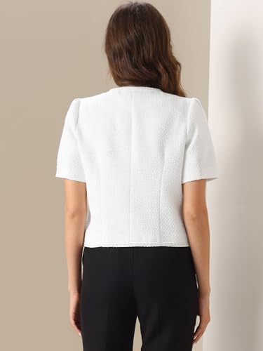 Allegra K Cropped Blazer for Women's Tweed Collarless Short Sleeve Blazer Jacket3