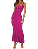 houstil Women's Strap Wedding Guest Dress Wrinkles Mesh Bodycon Party Maxi Cocktail Cut Out Clubwear (L, Rose)