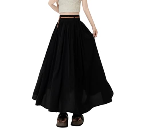 Pulcykp Women Slim High Waist Big Swing A-Line Pleated Skirt Solid Umbrella Skirt with Belt