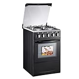 Gas Range with Double-Layer Glass Door, 4 Burners, Cast Iron Rack, 52L Capacity, Black