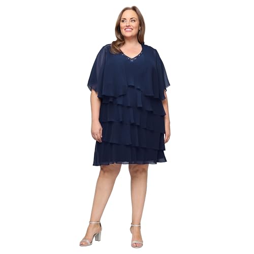 Image of S.L. Fashions Women's Chiffon Tiered Jacket Dress with Beaded Neckline Mother of the Bride, Cocktail, Or Wedding Guest Dress