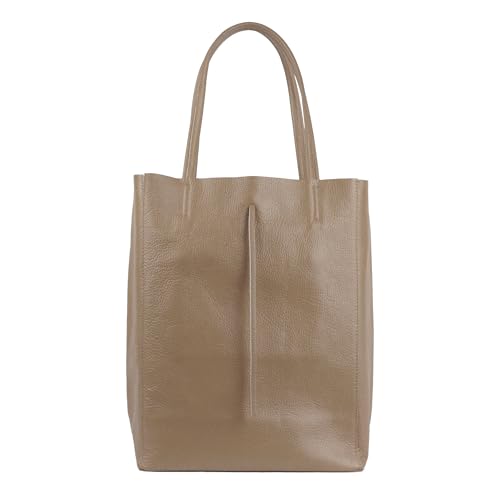 lePelou Damen Shopper, große Handtasche, Leder Umhängetasche, 27 x 38 x 18.5 cm, Taupe
