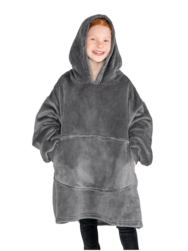 Bare Home Microplush Wearable Blanket with Front Pocket - Soft and Plush - Warm and Cozy - Adult &amp; Kid Sizes (Kids, Grey)