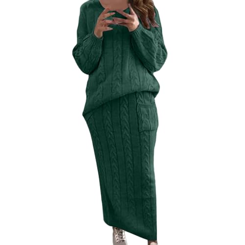Women Sweater Sets Chunky Cable Knit 2 Piece Outfits Sweater Skirt Set Crewneck Pullover Top & Long Skirt Warm Suit