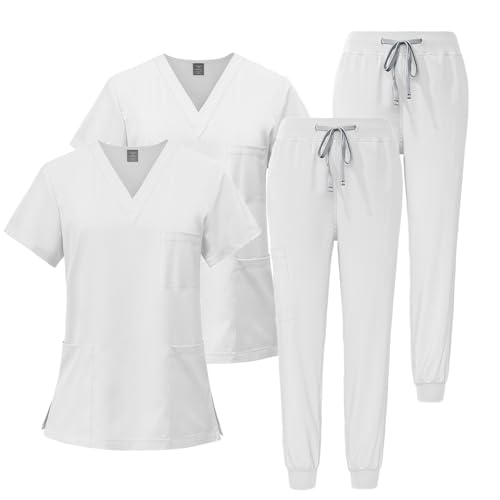 Meichoon Medical Scrubs Set 2PCS Mono de Mujer Pantalones de Jogging Suaves y elásticos sin Arrugas Medical Dental DK05White XXL
