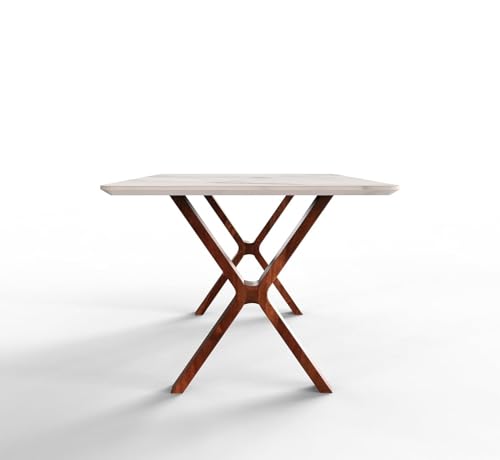 Image of Epoxy Marble Top Finish Six-Seater Dining Table with Cane Cushioned Chair with Honey Finish | Custimization Available| Made on Order